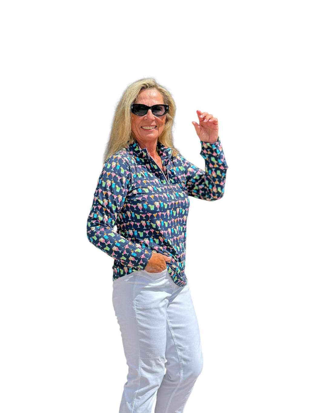 High Zip - Neck Long Sleeve Top with UPF50+ Happy Hour - Back of the Bay Boutique
