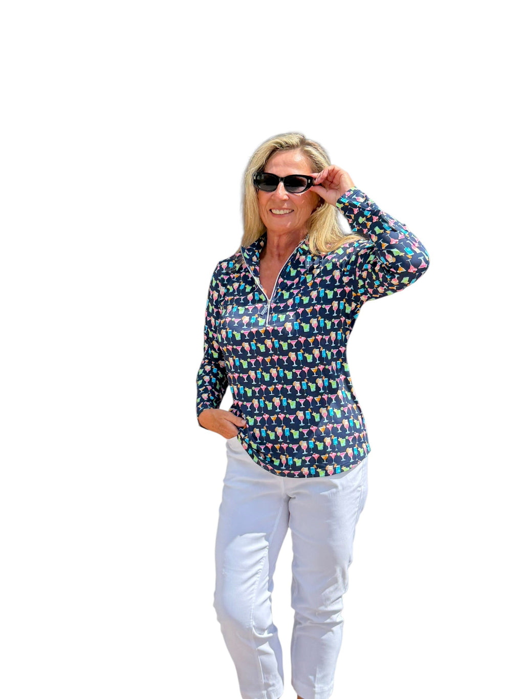 High Zip - Neck Long Sleeve Top with UPF50+ Happy Hour - Back of the Bay Boutique