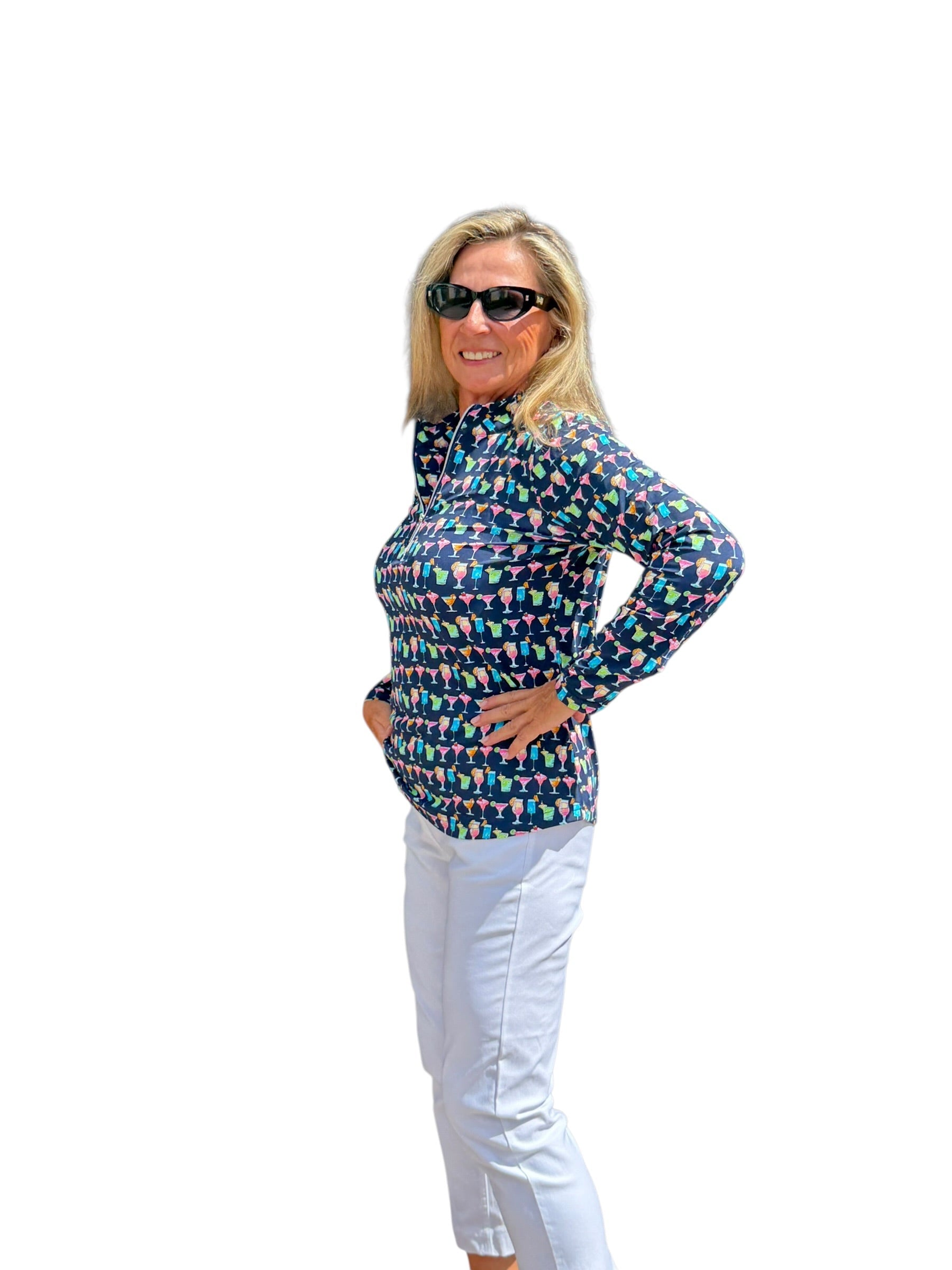 High Zip - Neck Long Sleeve Top with UPF50+ Happy Hour - Back of the Bay Boutique