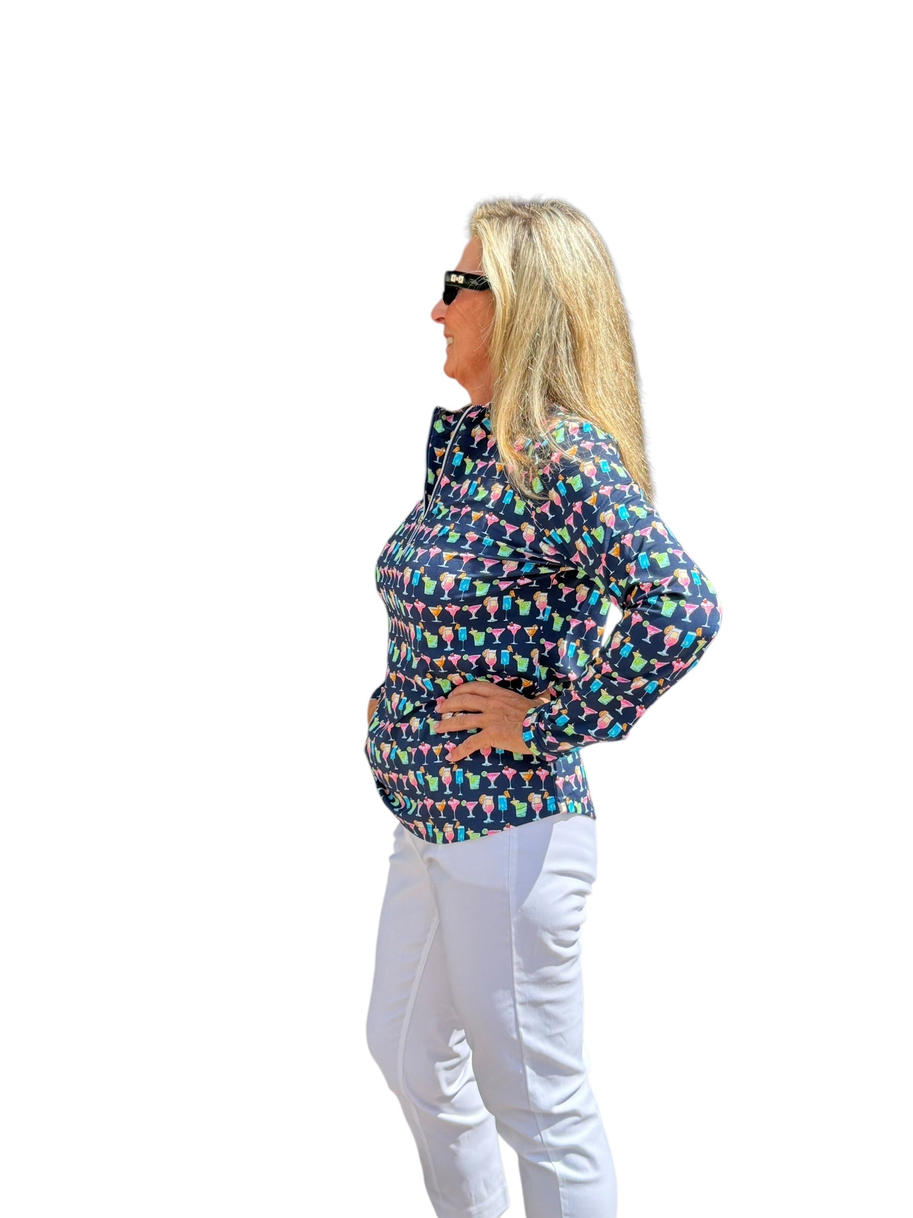 High Zip - Neck Long Sleeve Top with UPF50+ Happy Hour - Back of the Bay Boutique