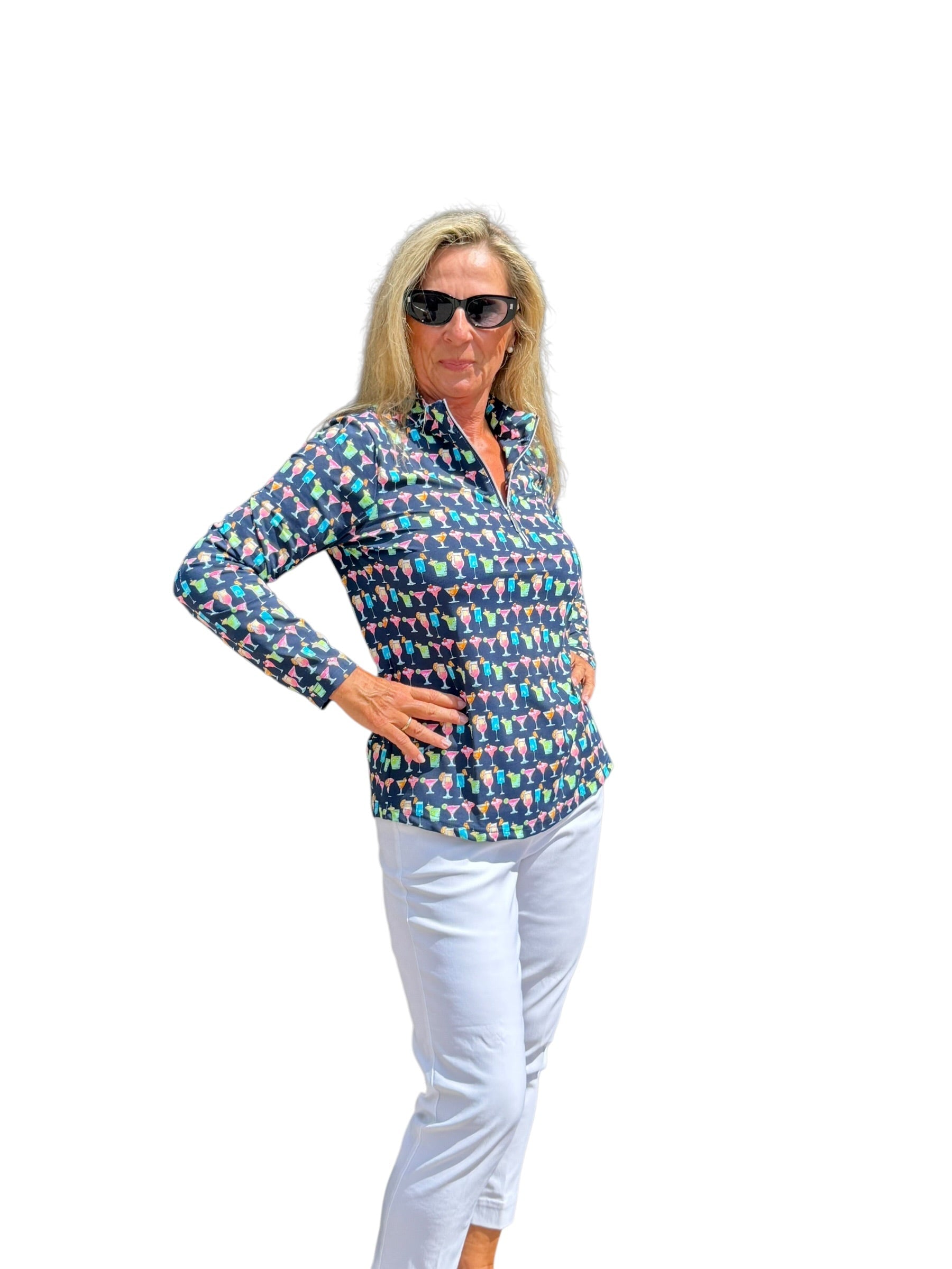 High Zip - Neck Long Sleeve Top with UPF50+ Happy Hour - Back of the Bay Boutique