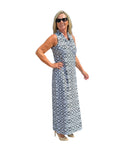 Ruffle - Neck Maxi Dress with UPF50+ Geometric Flowers Black - Back of the Bay Boutique