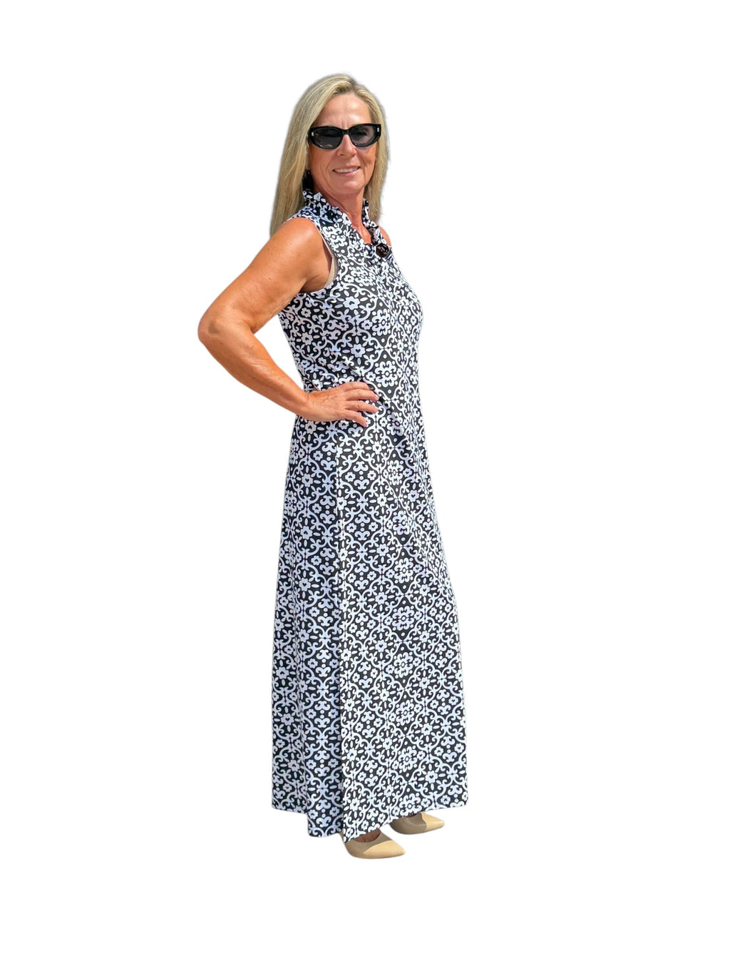 Ruffle - Neck Maxi Dress with UPF50+ Geometric Flowers Black - Back of the Bay Boutique
