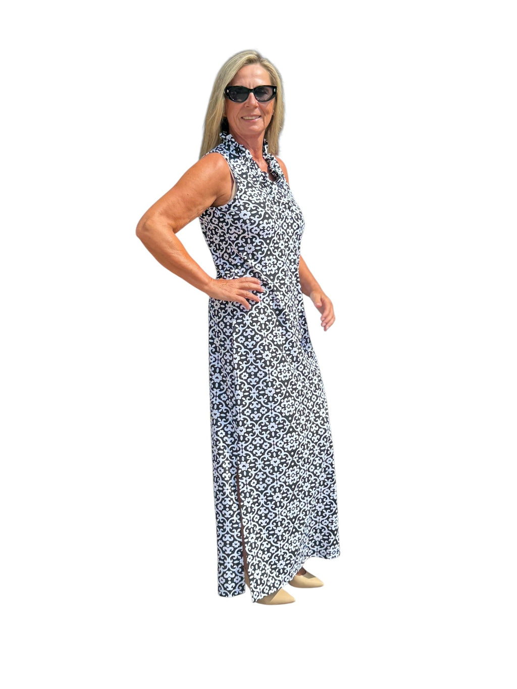 Ruffle - Neck Maxi Dress with UPF50+ Geometric Flowers Black - Back of the Bay Boutique