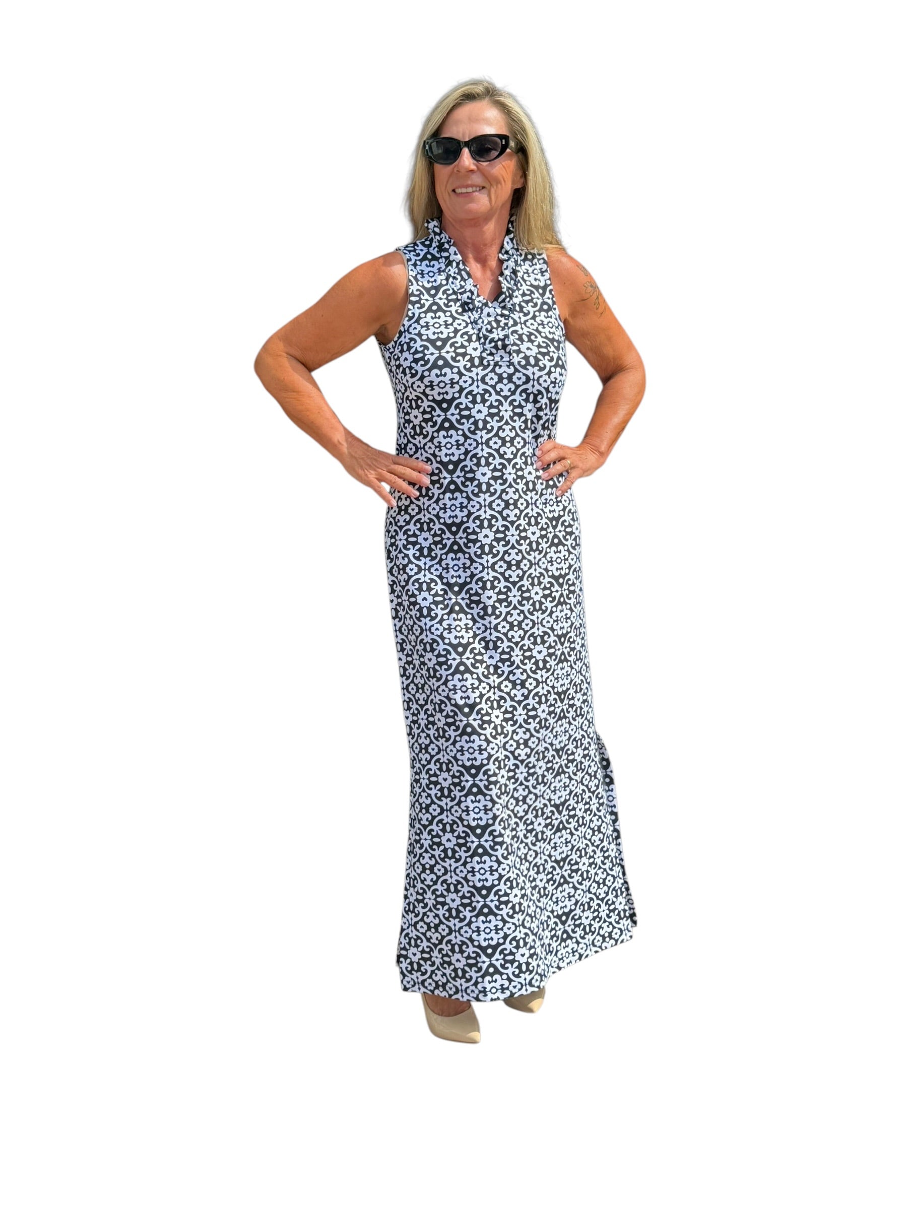 Ruffle - Neck Maxi Dress with UPF50+ Geometric Flowers Black - Back of the Bay Boutique