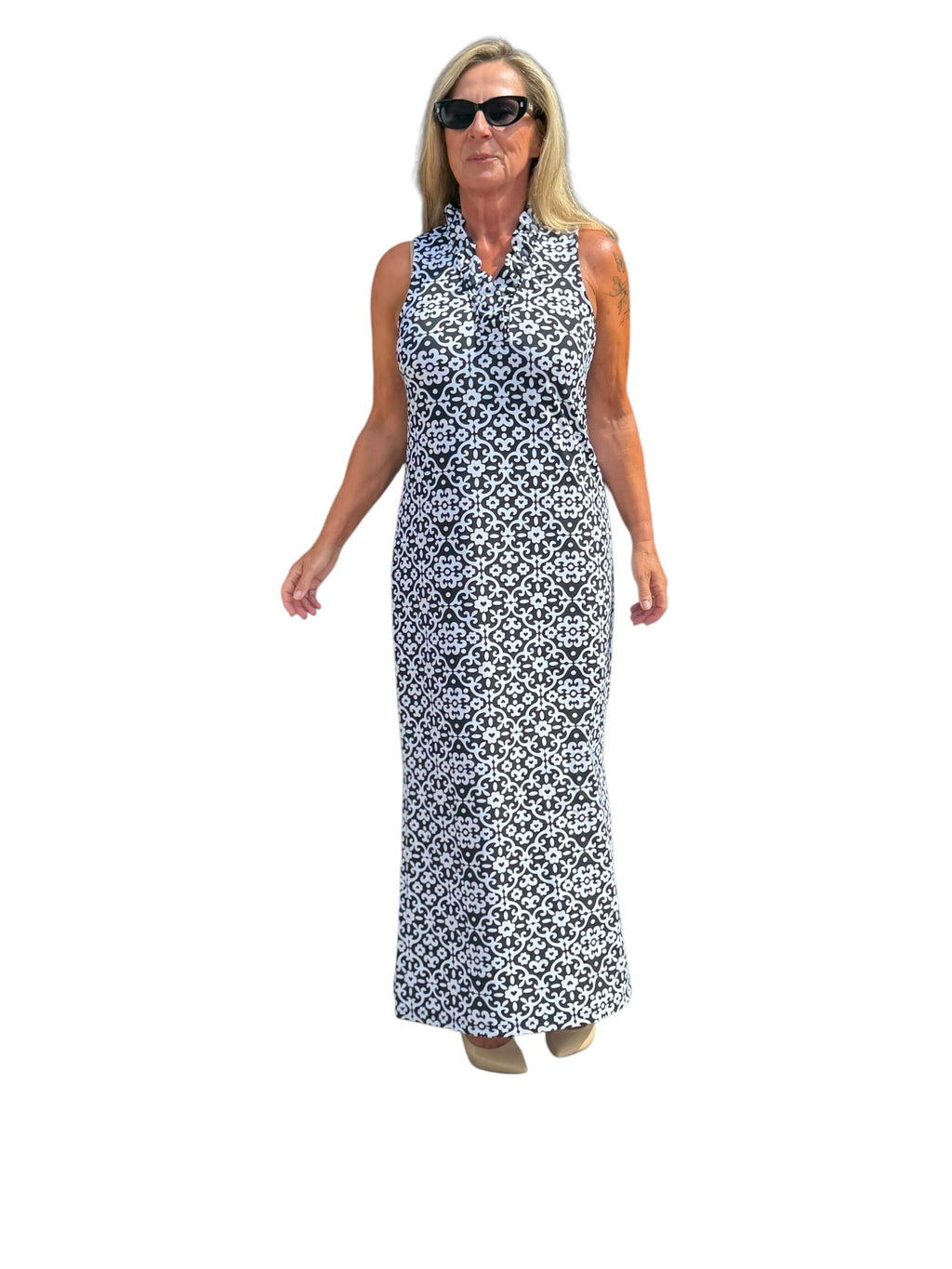Ruffle - Neck Maxi Dress with UPF50+ Geometric Flowers Black - Back of the Bay Boutique