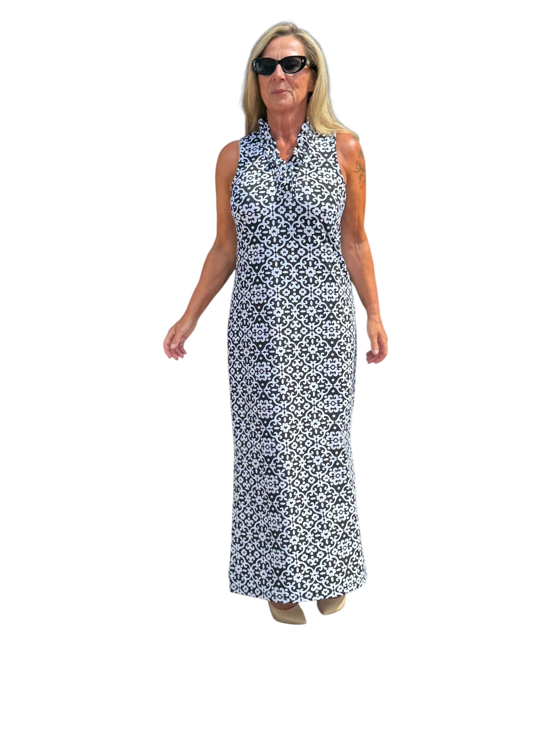Ruffle - Neck Maxi Dress with UPF50+ Geometric Flowers Black - Back of the Bay Boutique