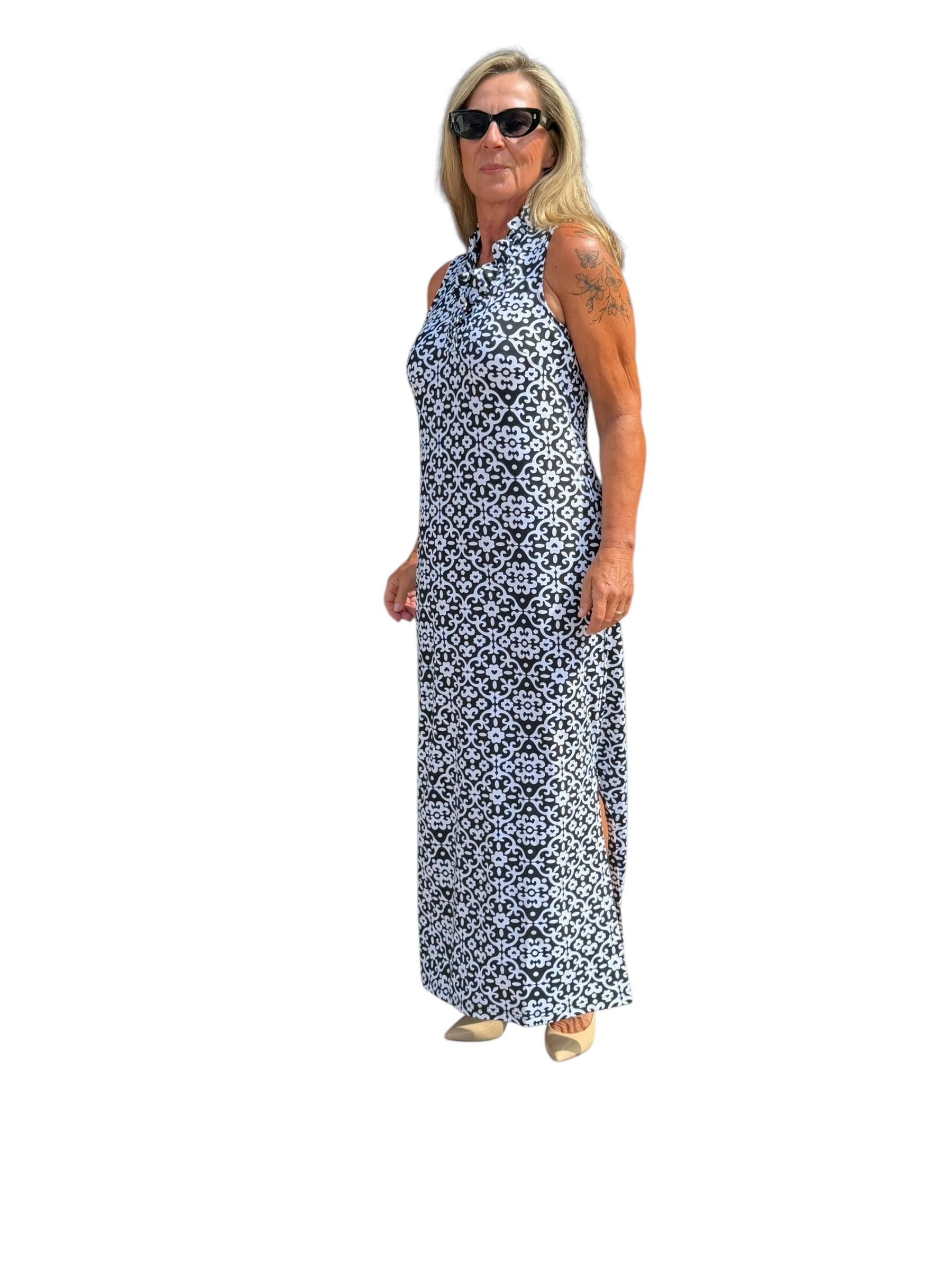Ruffle - Neck Maxi Dress with UPF50+ Geometric Flowers Black - Back of the Bay Boutique