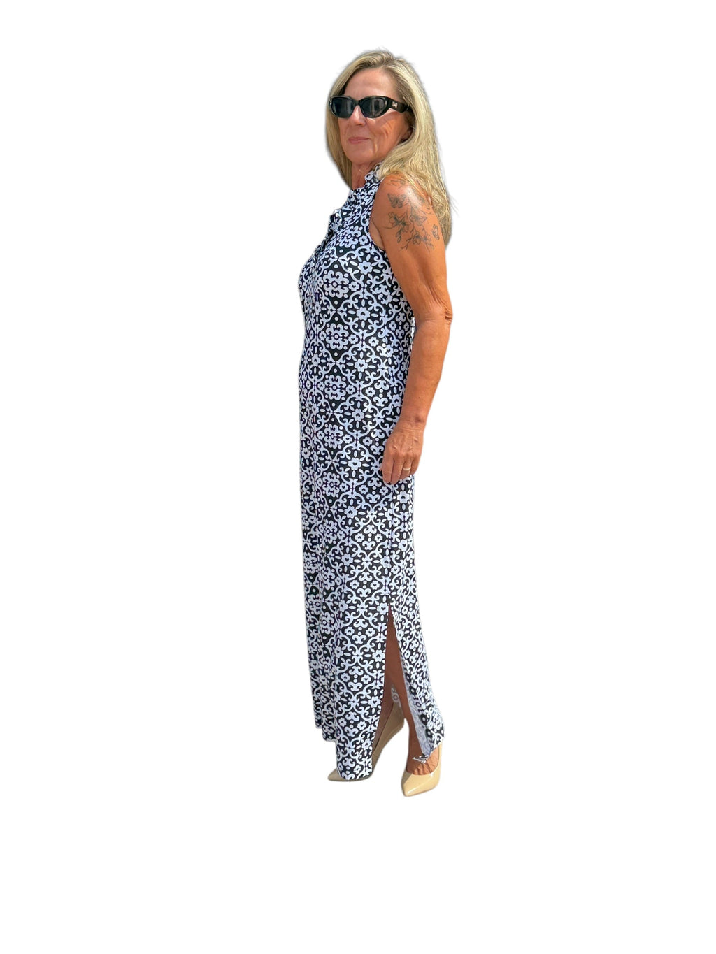 Ruffle - Neck Maxi Dress with UPF50+ Geometric Flowers Black - Back of the Bay Boutique