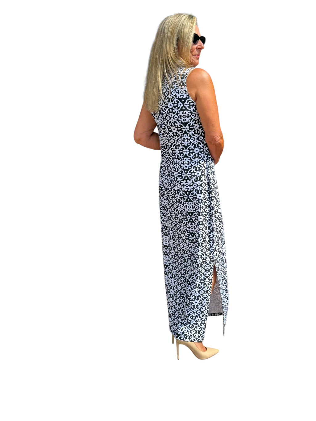 Ruffle - Neck Maxi Dress with UPF50+ Geometric Flowers Black - Back of the Bay Boutique