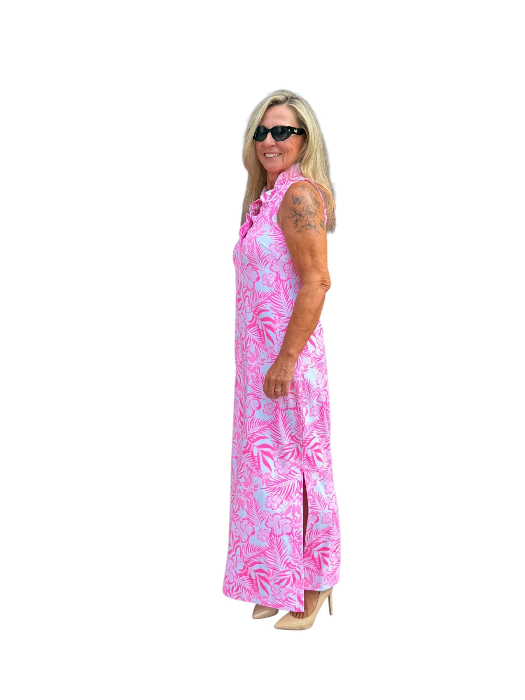 Ruffle - Neck Maxi Dress with UPF50+ Summer Breeze Pink - Back of the Bay Boutique