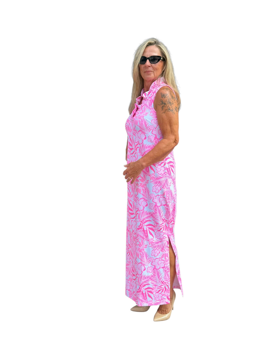 Ruffle - Neck Maxi Dress with UPF50+ Summer Breeze Pink - Back of the Bay Boutique