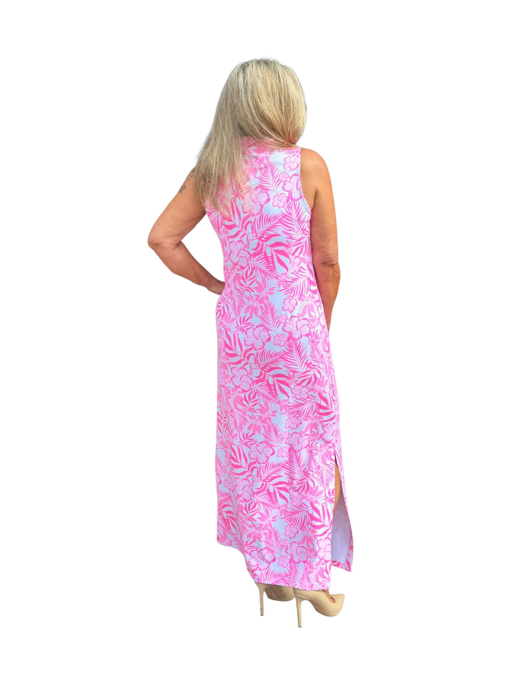 Ruffle - Neck Maxi Dress with UPF50+ Summer Breeze Pink - Back of the Bay Boutique