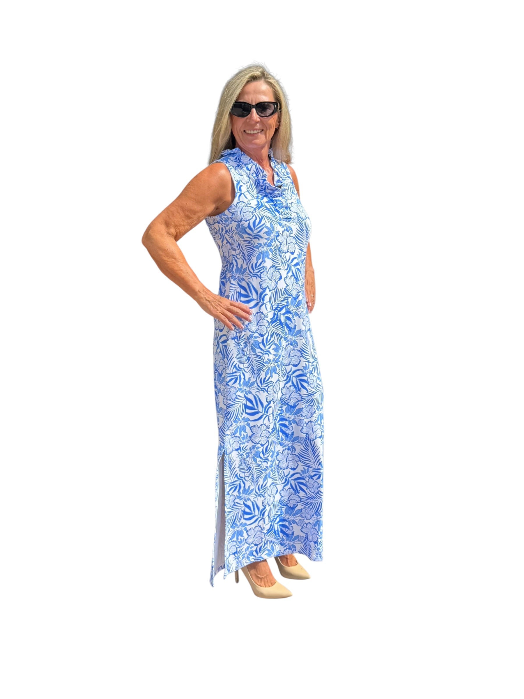 Ruffle - Neck Maxi Dress with UPF50+ Summer Breeze Blue - Back of the Bay Boutique