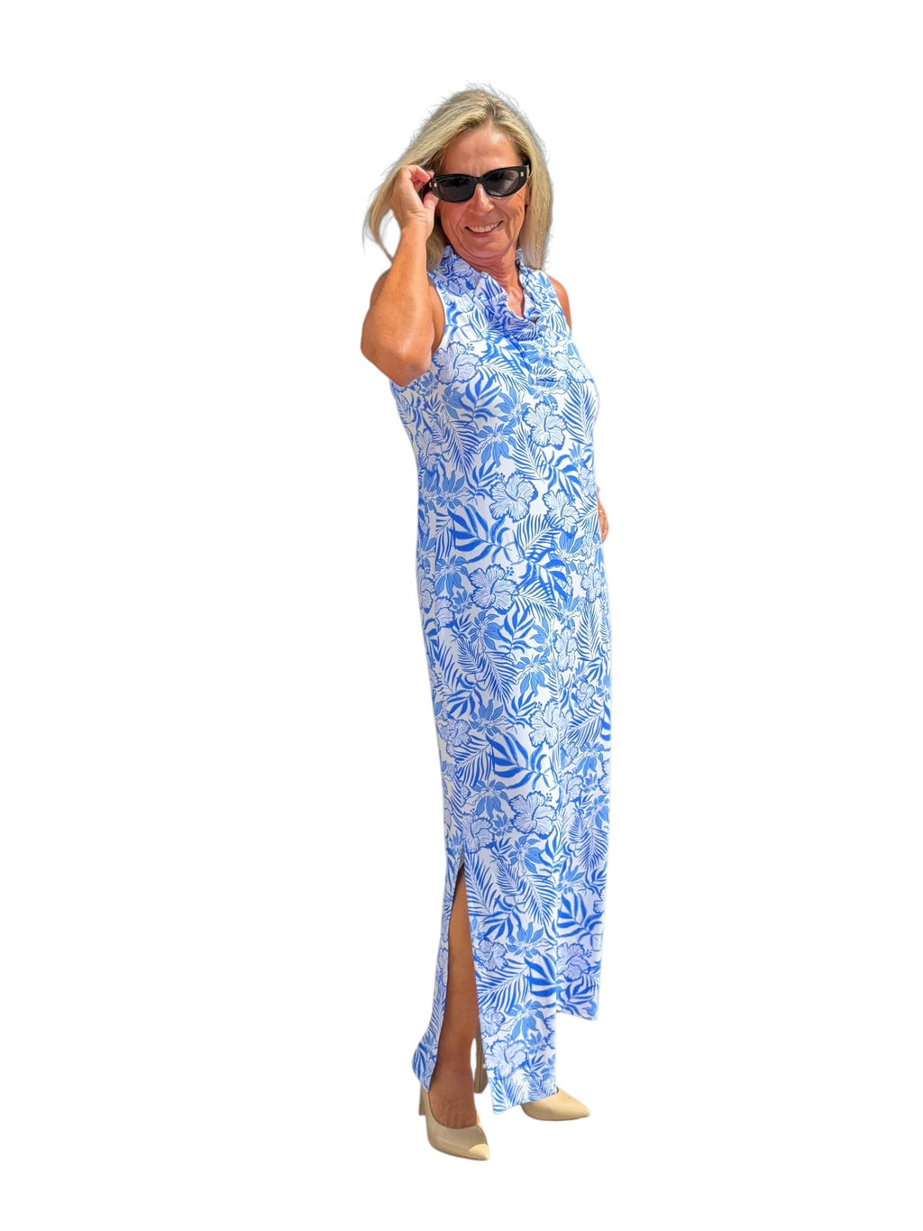 Ruffle - Neck Maxi Dress with UPF50+ Summer Breeze Blue - Back of the Bay Boutique
