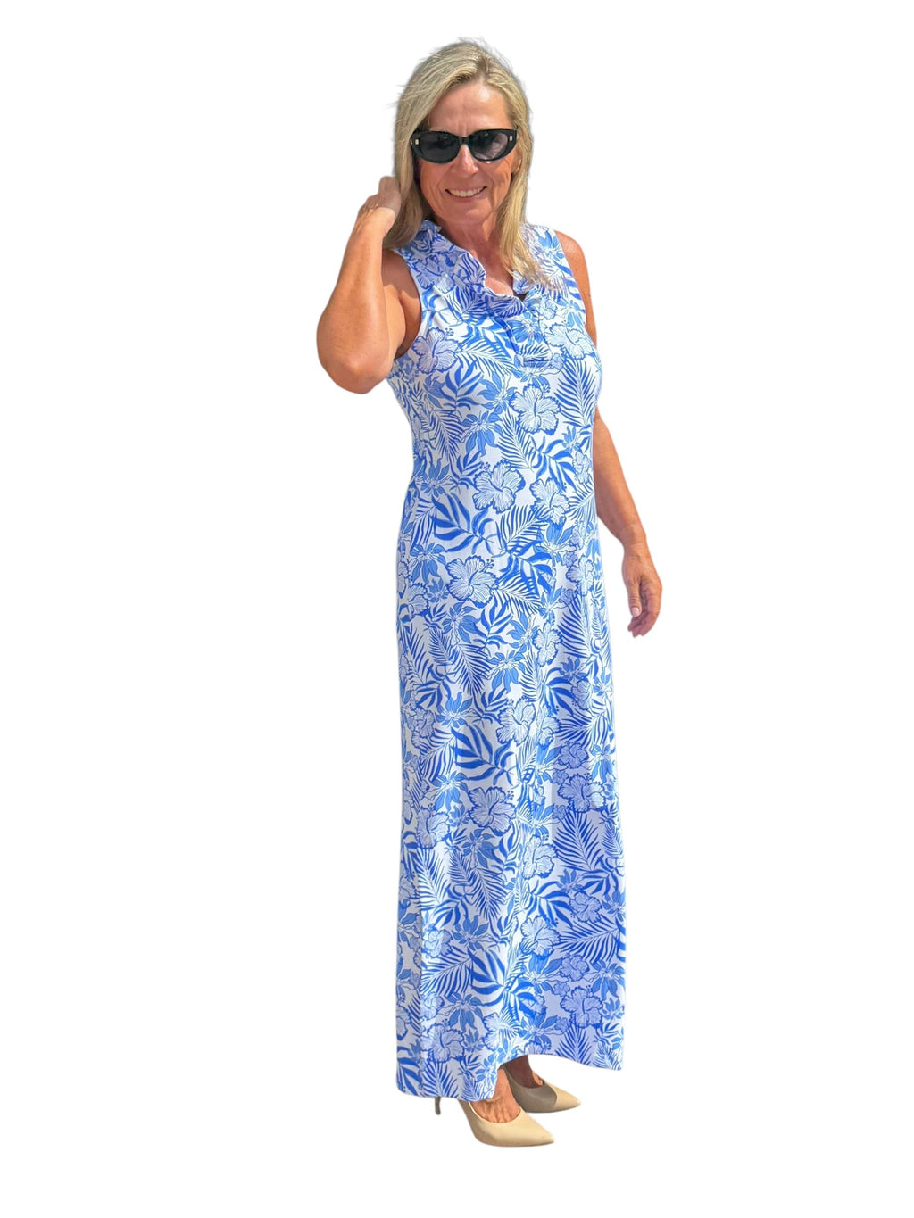 Ruffle - Neck Maxi Dress with UPF50+ Summer Breeze Blue - Back of the Bay Boutique