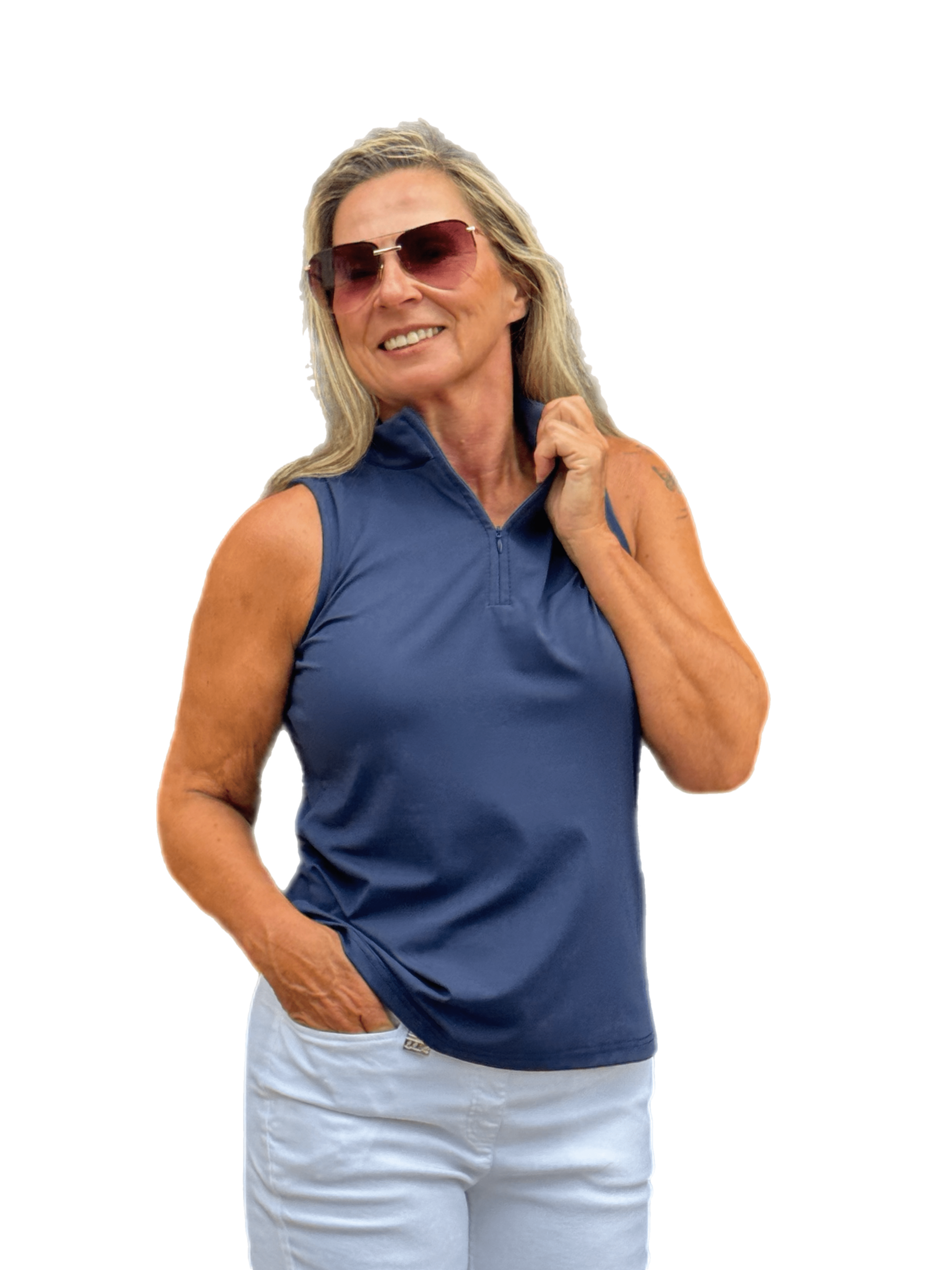 High Zip-Neck Sleeveless Top with UPF50+ Navy