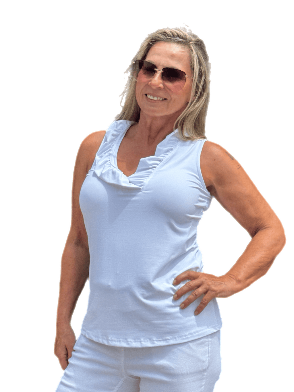 Ruffle-Neck Top with UPF50+ White