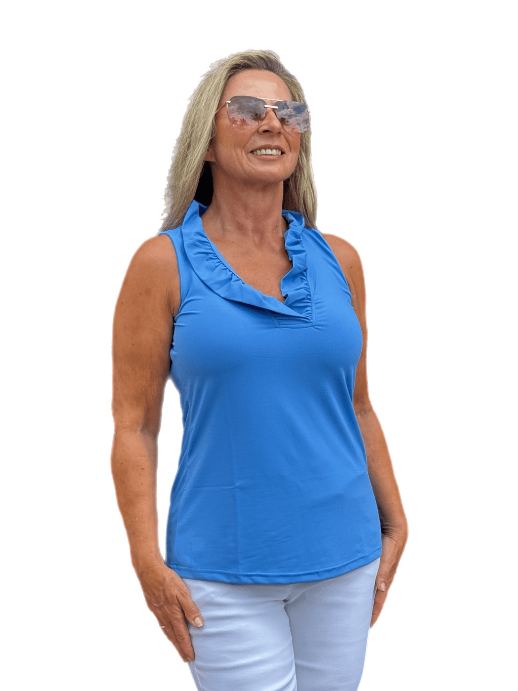 Ruffle-Neck Top with UPF50+ Bright Periwinkle
