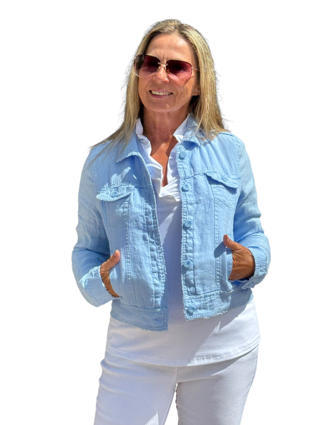 Long - Sleeve Linen Jacket Clear Periwinkle - Back of the Bay Boutique
