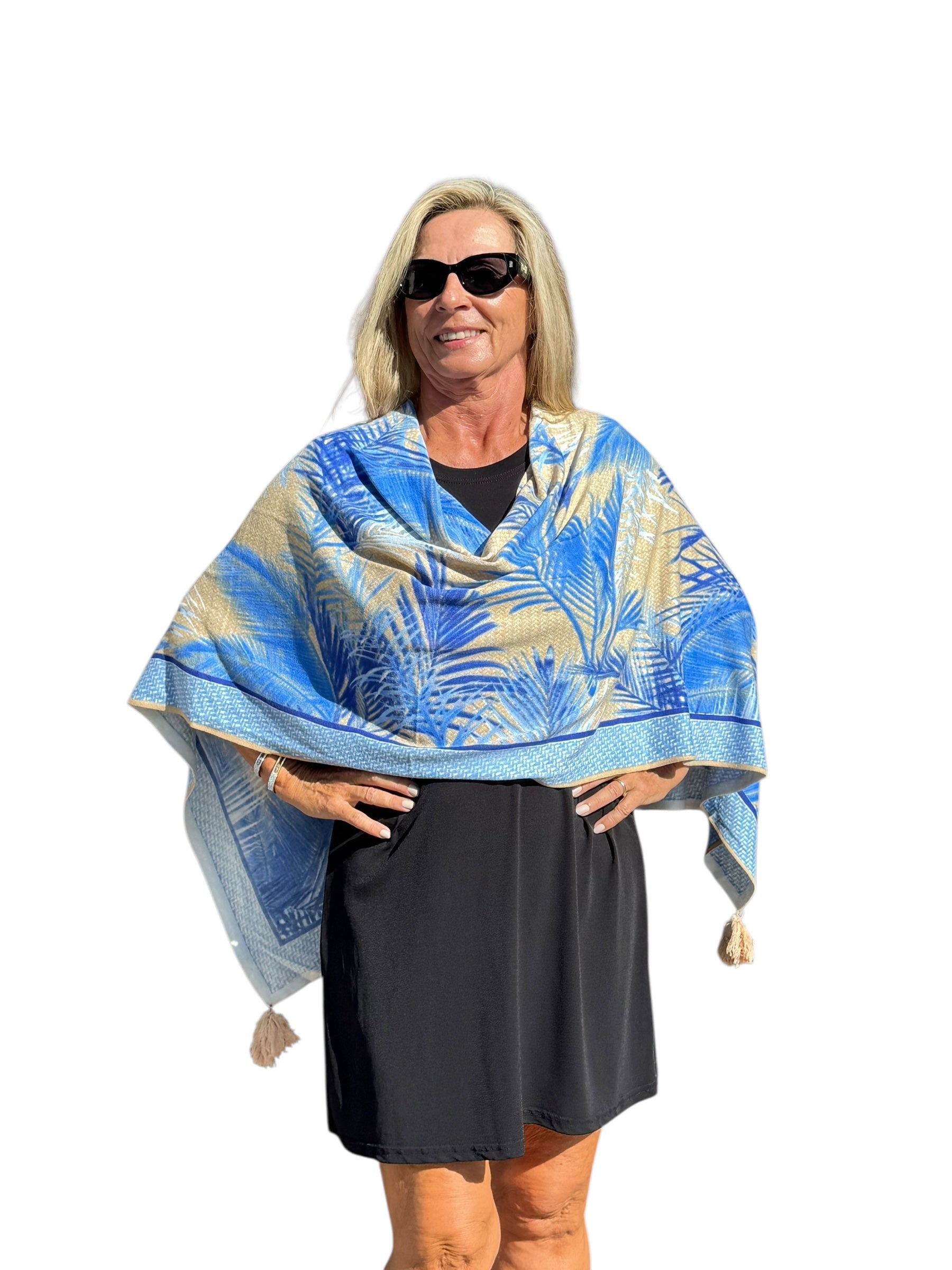 Soft Knit Poncho Bali Natural Blue - Back of the Bay Boutique