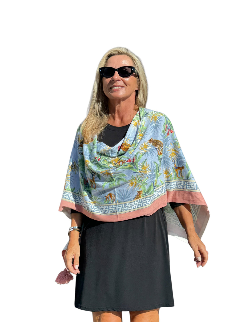 Soft Knit Poncho Wildlife Light Blue - Back of the Bay Boutique