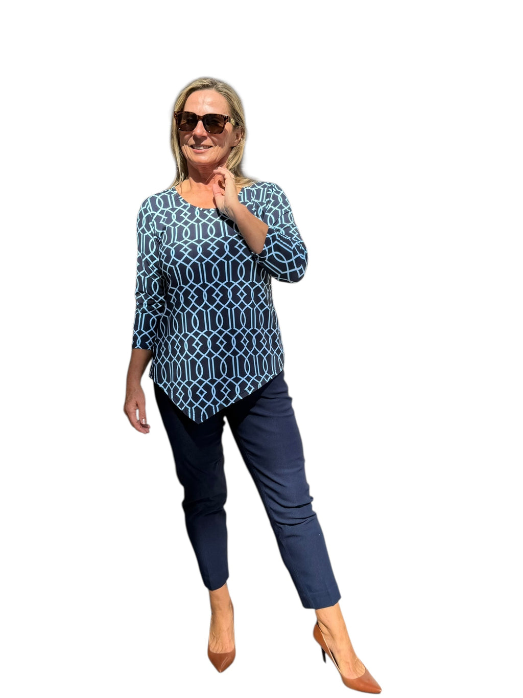 Asymmetrical Hemline Top with UPF50+ Geometric Lines Navy - Back of the Bay Boutique