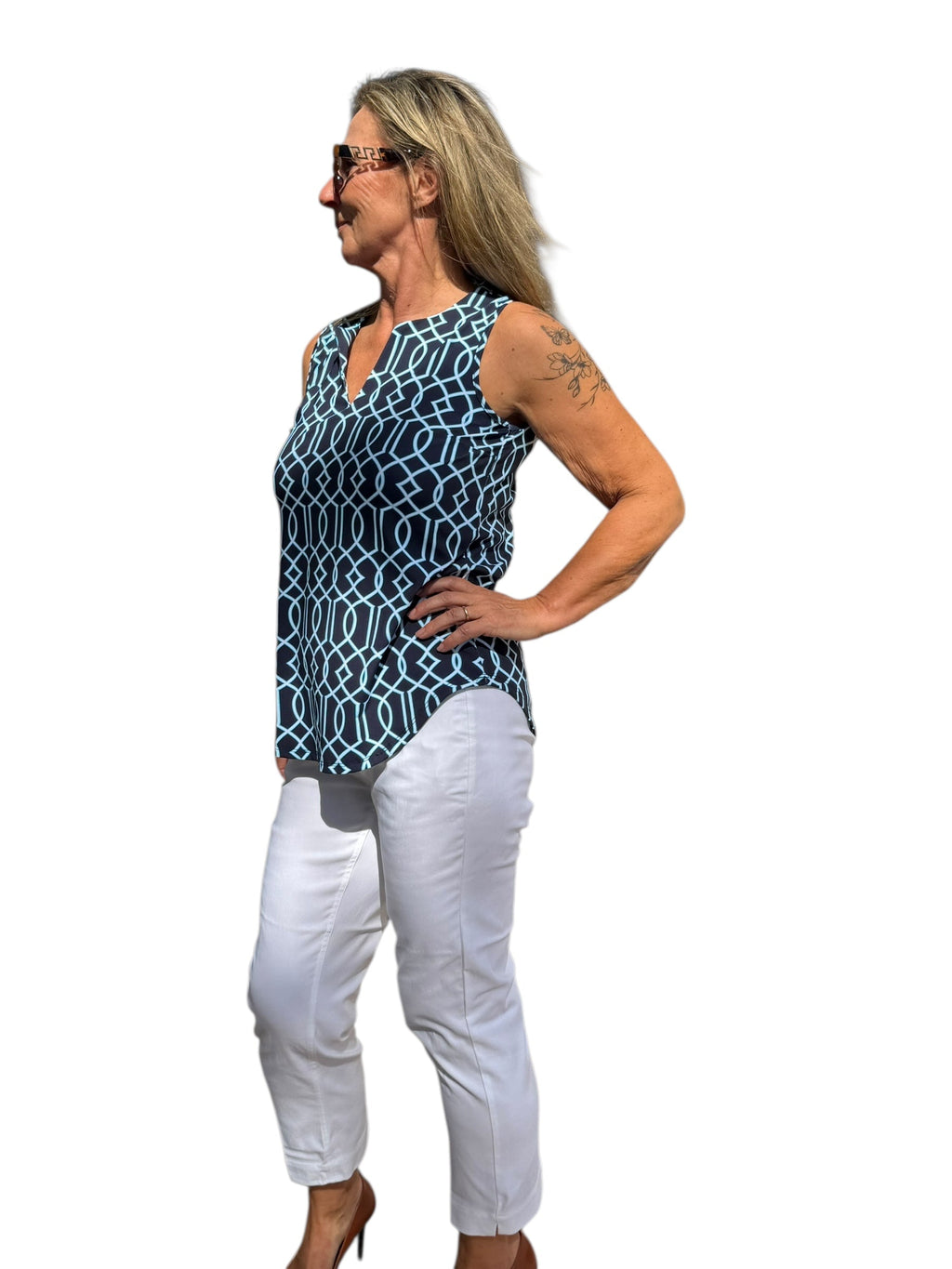 Keyhole Sleeveless Top with UPF50+ Geometric Lines Navy - Back of the Bay Boutique