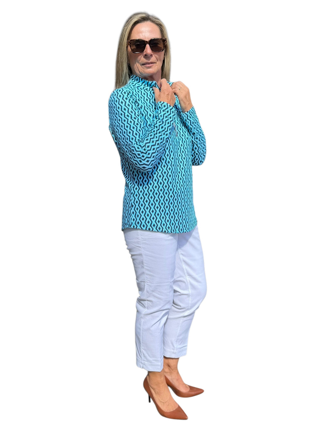 High Zip - Neck Long Sleeve Top with UPF50+ Nautical Ropes Turquoise - Back of the Bay Boutique