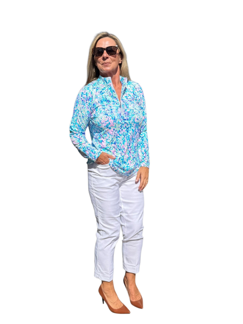 High Zip - Neck Long Sleeve Top with UPF50+ Confetti Pastel - Back of the Bay Boutique