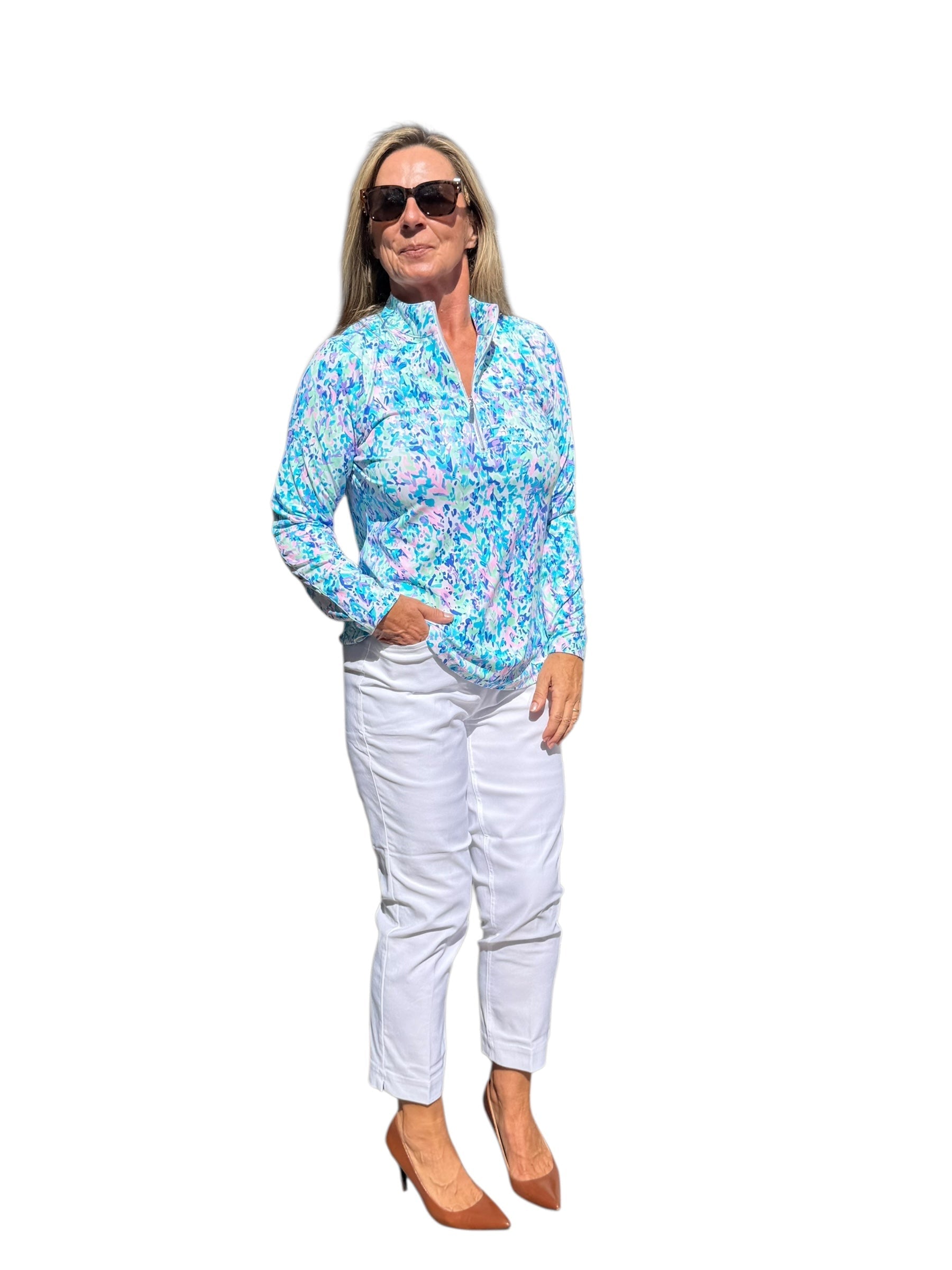 High Zip - Neck Long Sleeve Top with UPF50+ Confetti Pastel - Back of the Bay Boutique