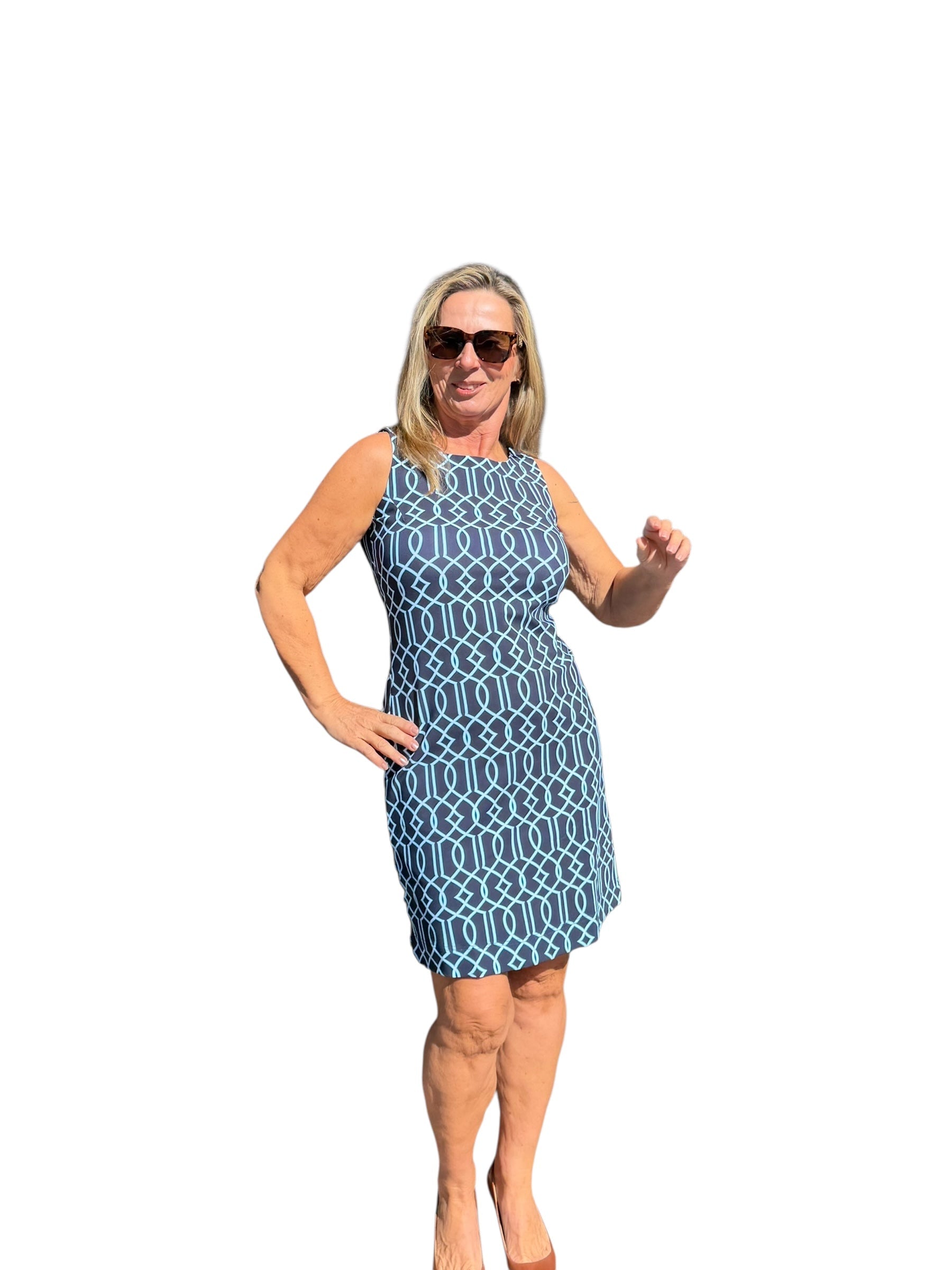 Classic Shift Dress with UPF50+ Geometric Lines Navy - Back of the Bay Boutique