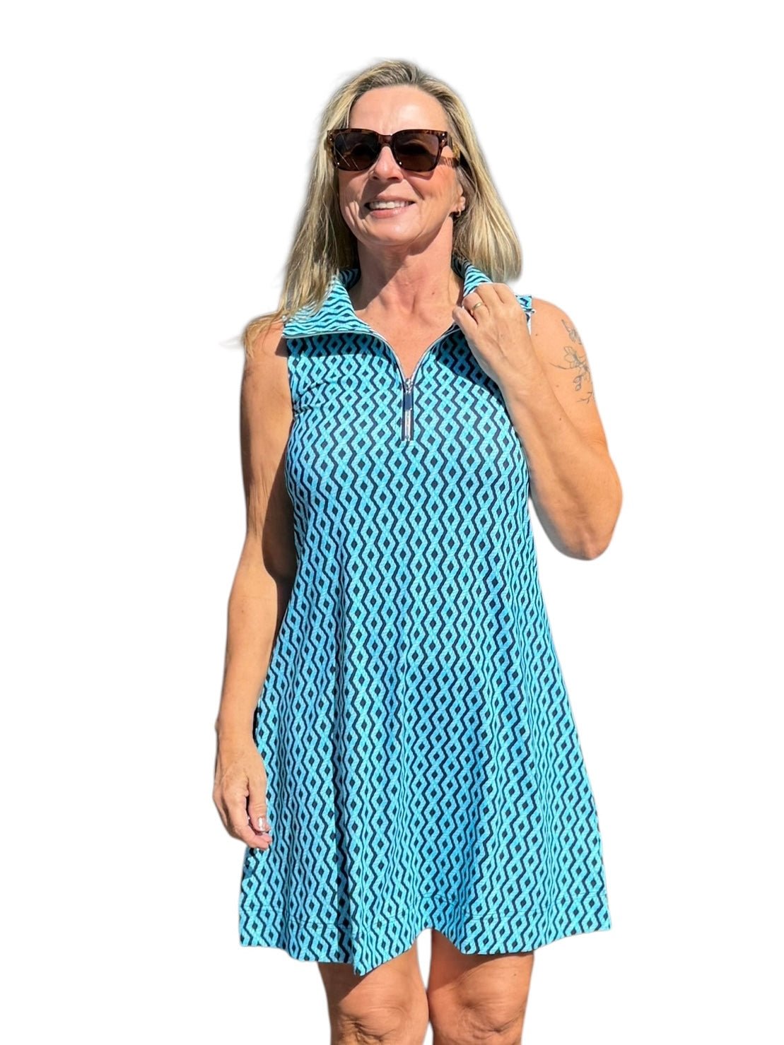 Zipper Swing Dress with UPF50+ Nautical Ropes Turquoise - Back of the Bay Boutique
