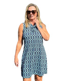 Ruffle - Neck Dress with UPF50+ Geometric Lines Navy - Back of the Bay Boutique