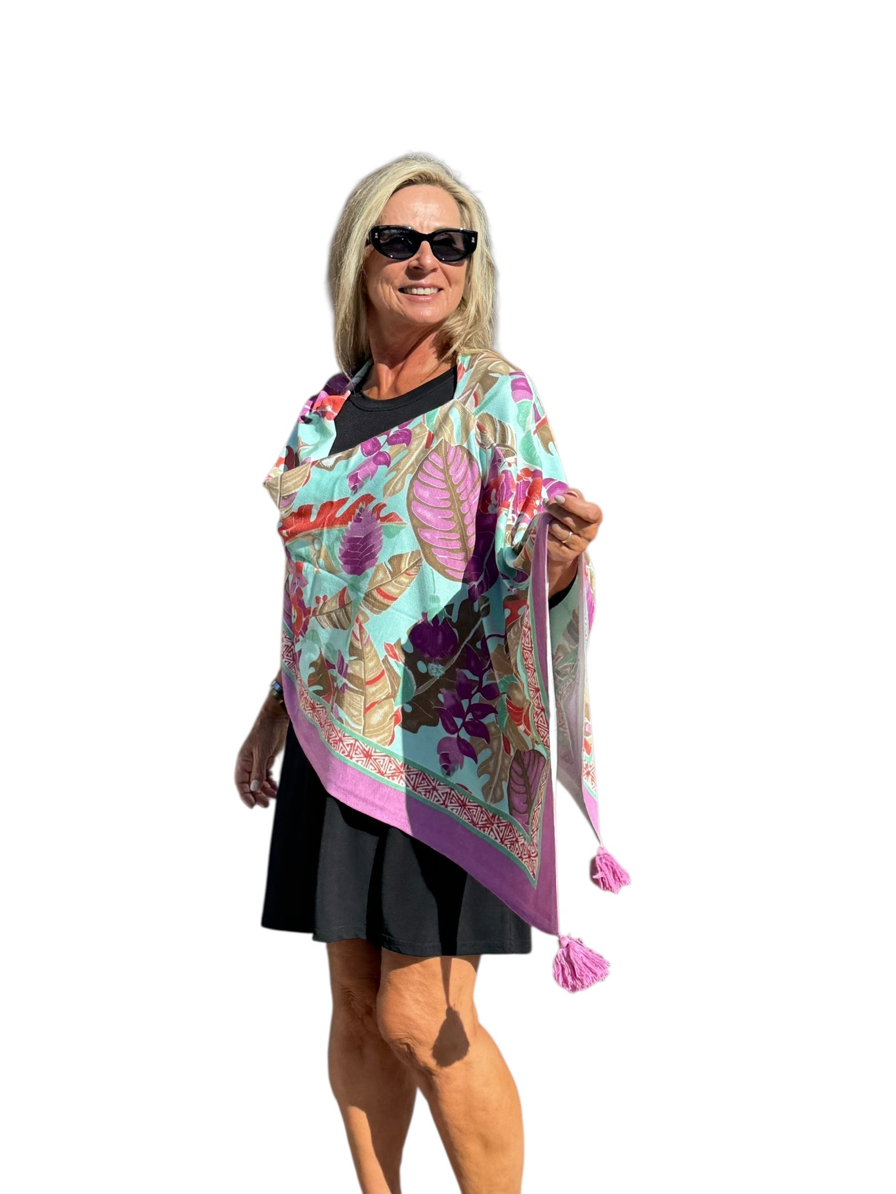 Soft Knit Poncho Tropical Isles Mint Multi - Back of the Bay Boutique