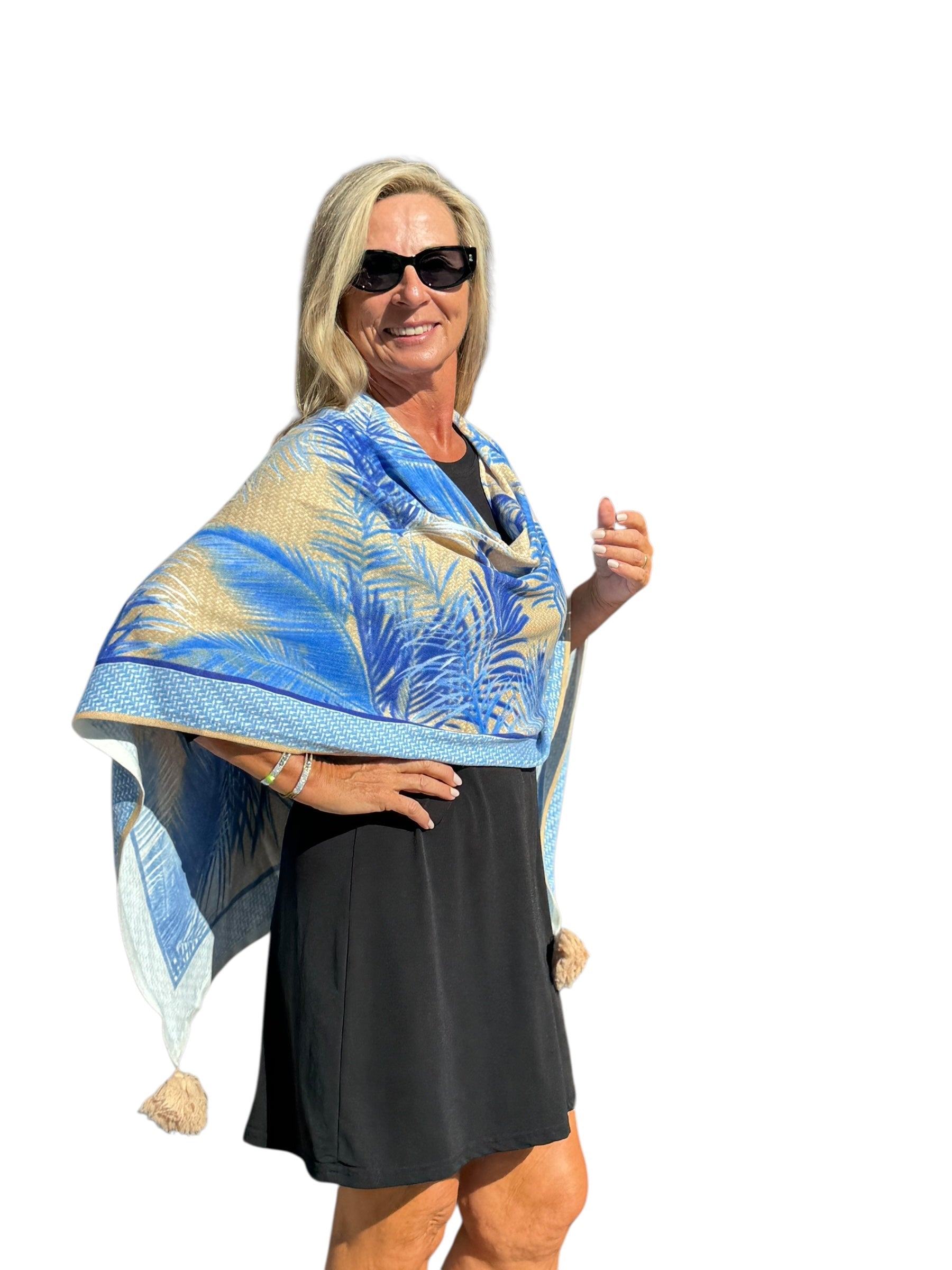 Soft Knit Poncho Bali Natural Blue - Back of the Bay Boutique
