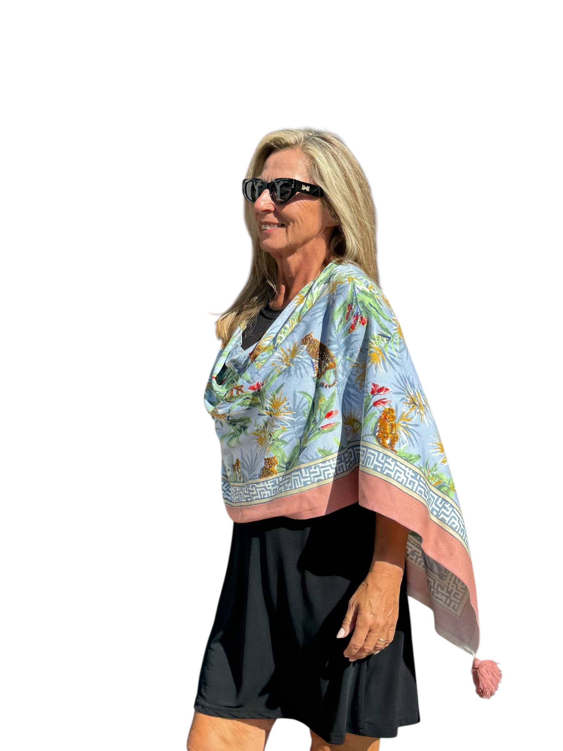 Soft Knit Poncho Wildlife Light Blue - Back of the Bay Boutique