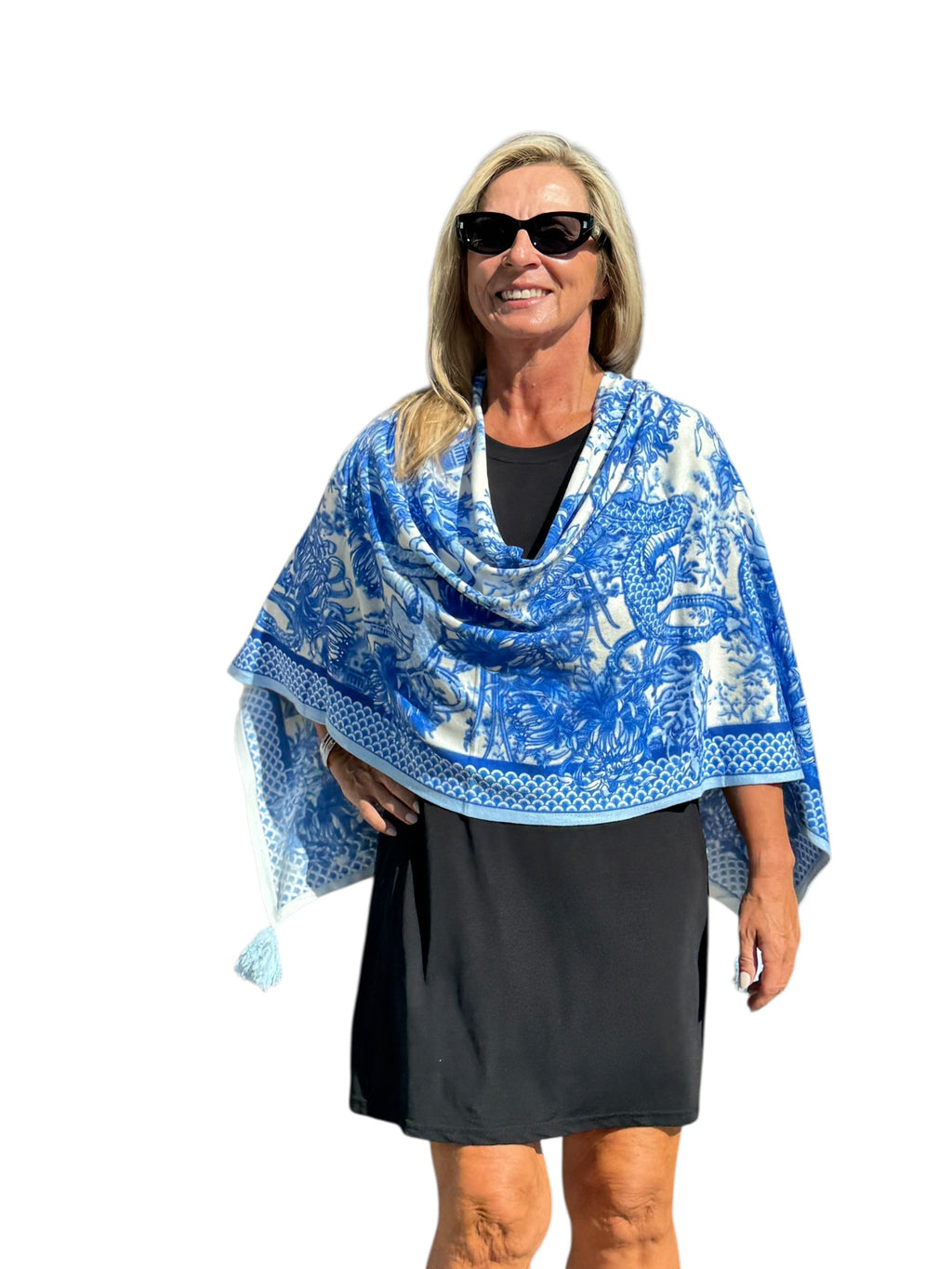 Soft Knit Poncho Dragon Blue/White - Back of the Bay Boutique