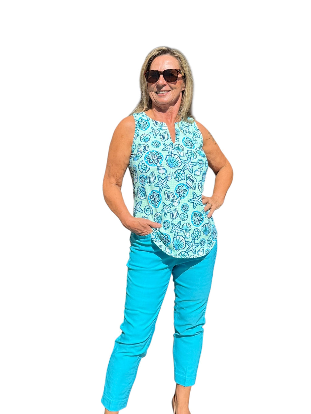 Keyhole Sleeveless Top with UPF50+ Ocean Shells Blue - Back of the Bay Boutique