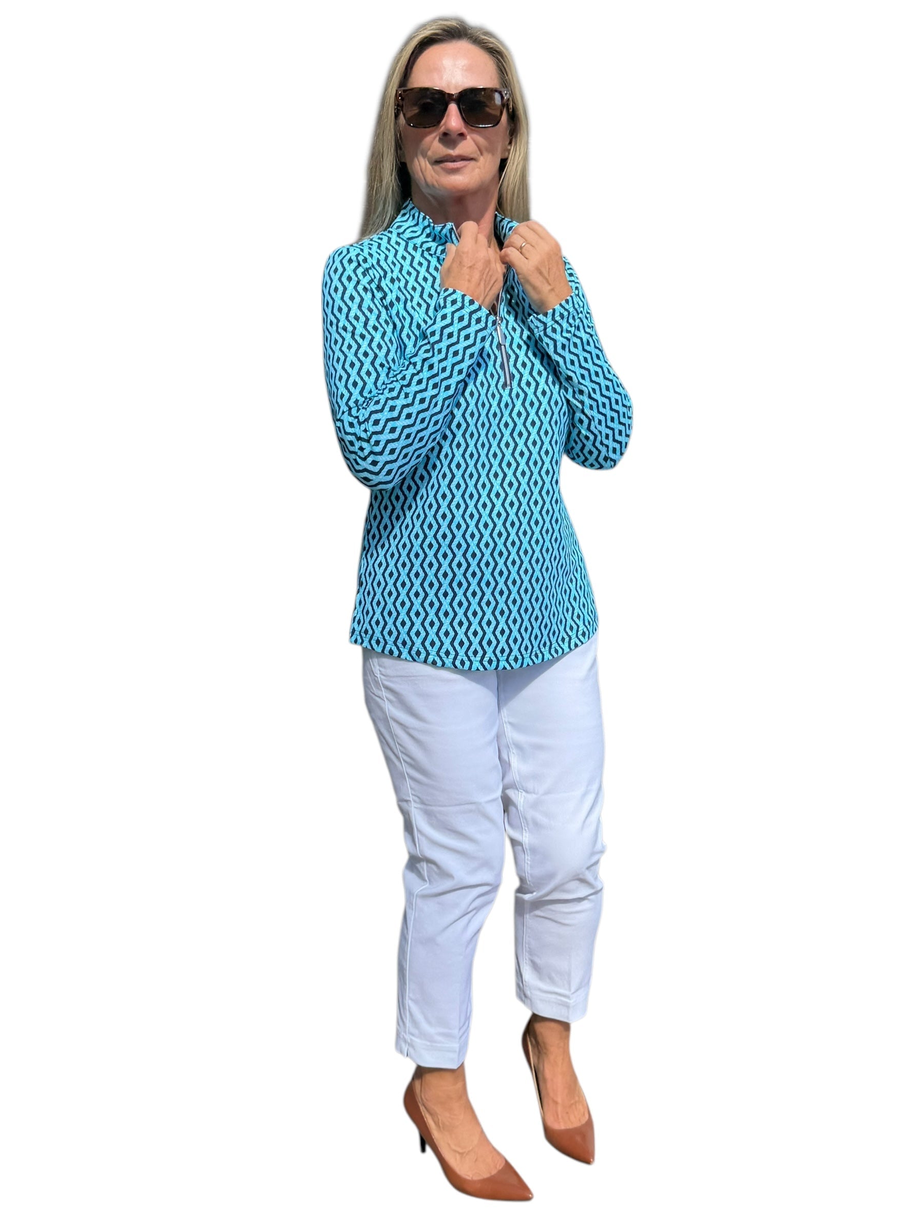 High Zip - Neck Long Sleeve Top with UPF50+ Nautical Ropes Turquoise - Back of the Bay Boutique