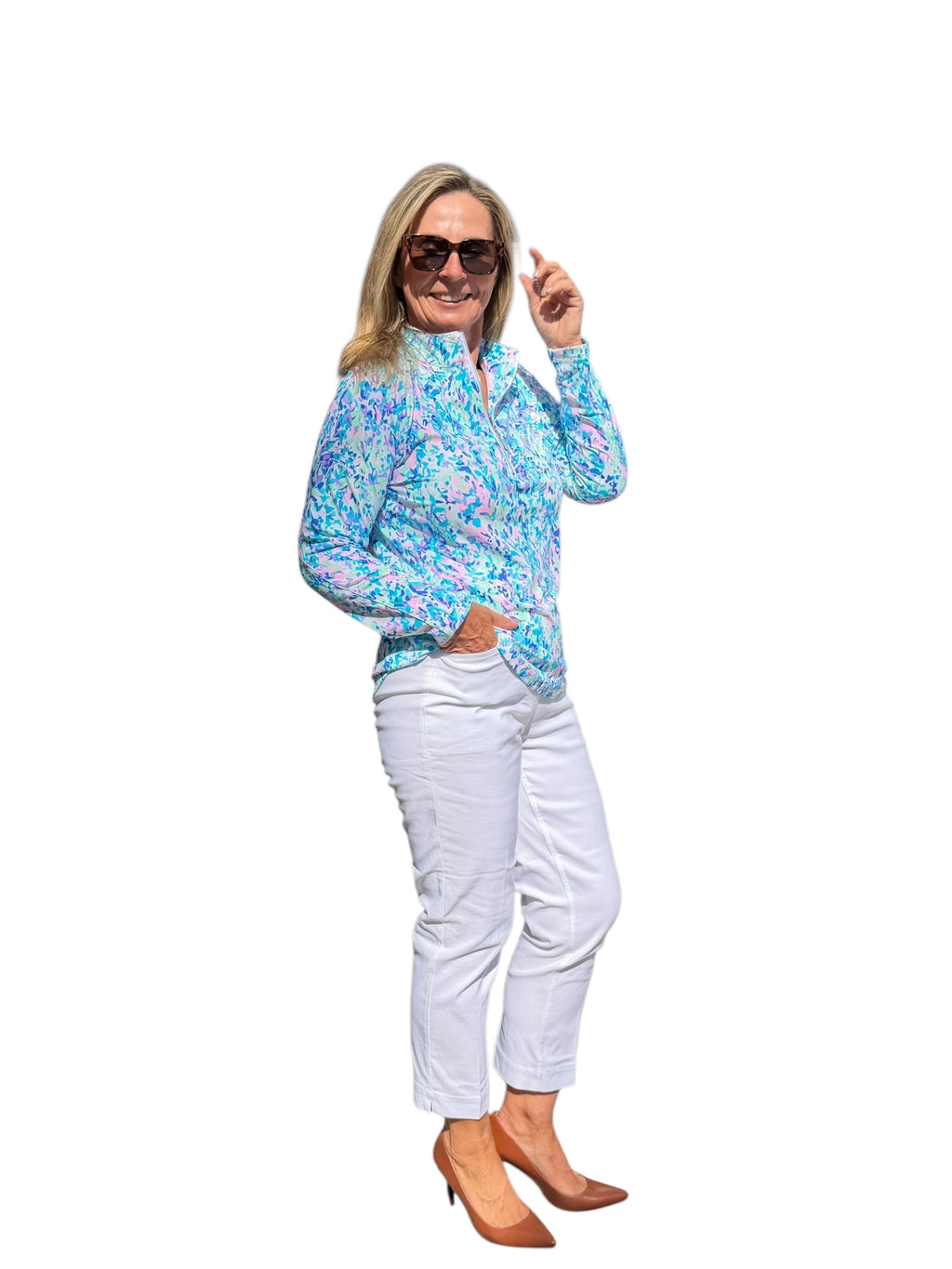 High Zip - Neck Long Sleeve Top with UPF50+ Confetti Pastel - Back of the Bay Boutique
