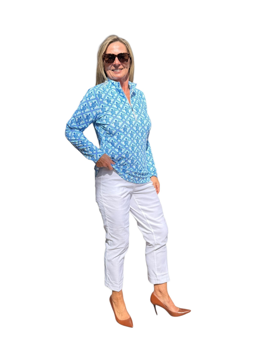 High Zip - Neck Long Sleeve Top with UPF50+ Blue Turtles - Back of the Bay Boutique