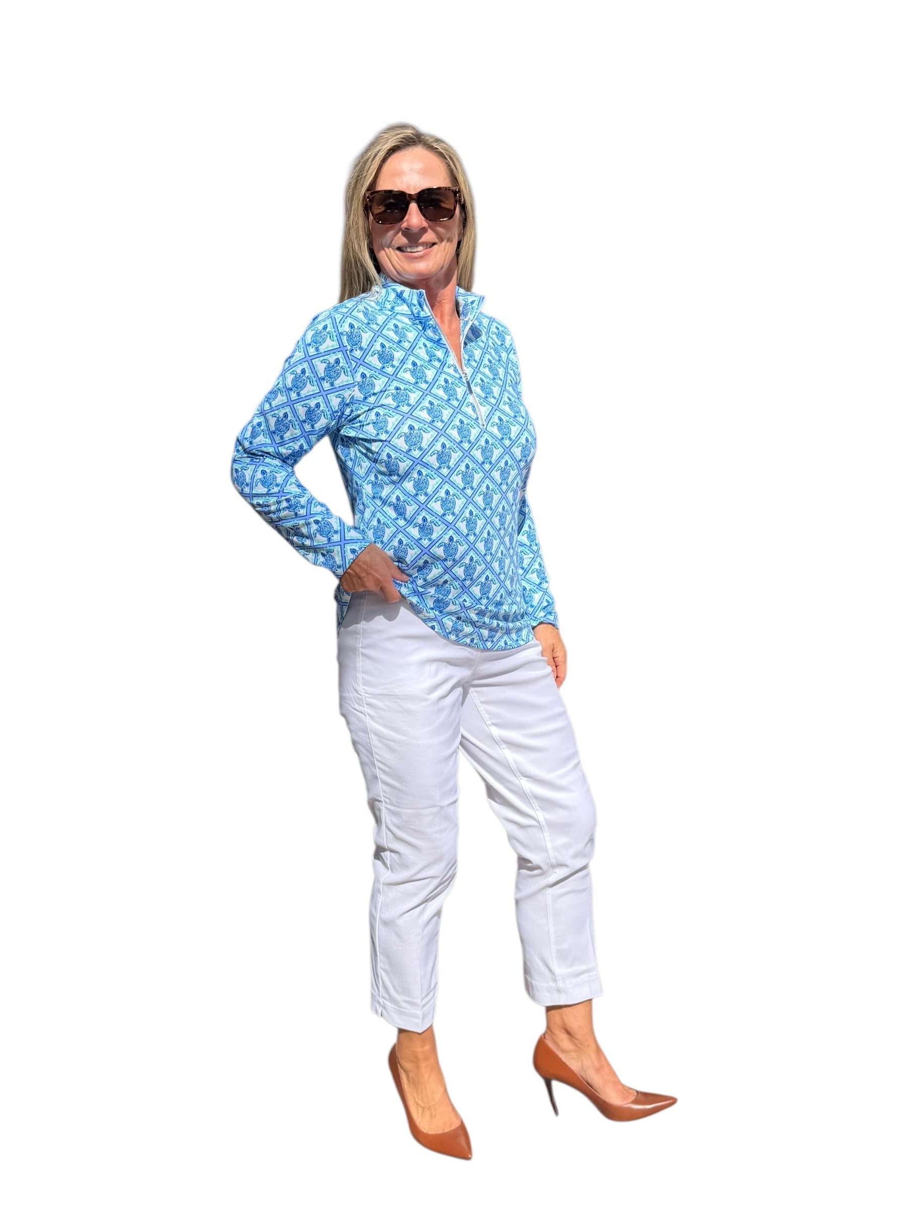 High Zip - Neck Long Sleeve Top with UPF50+ Blue Turtles - Back of the Bay Boutique