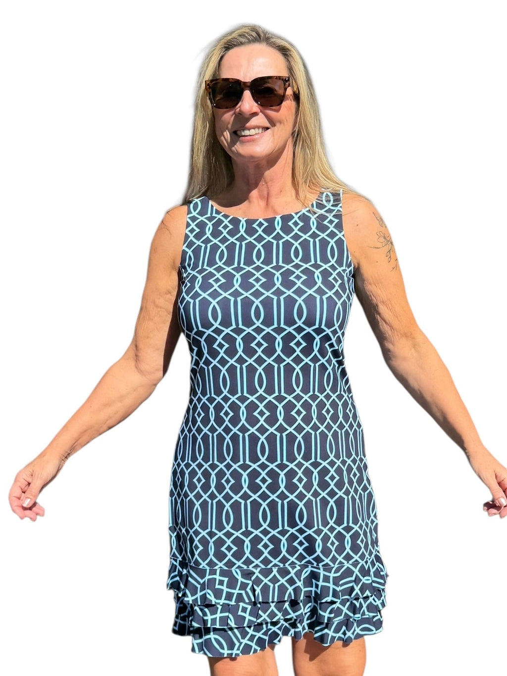 Sleeveless Dress with Ruffles with UPF50+ Geometric Lines Navy - Back of the Bay Boutique