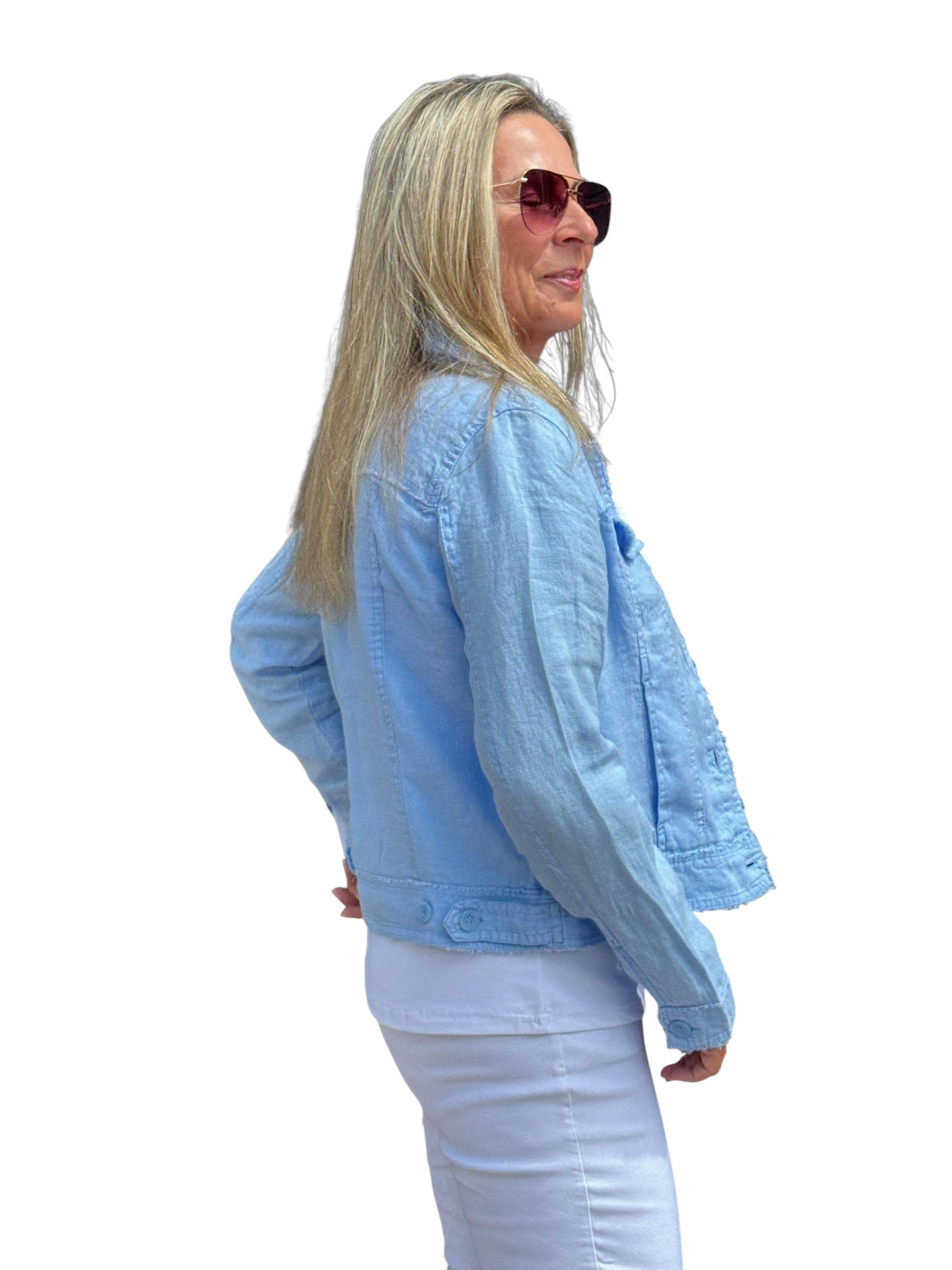 Long - Sleeve Linen Jacket Clear Periwinkle - Back of the Bay Boutique