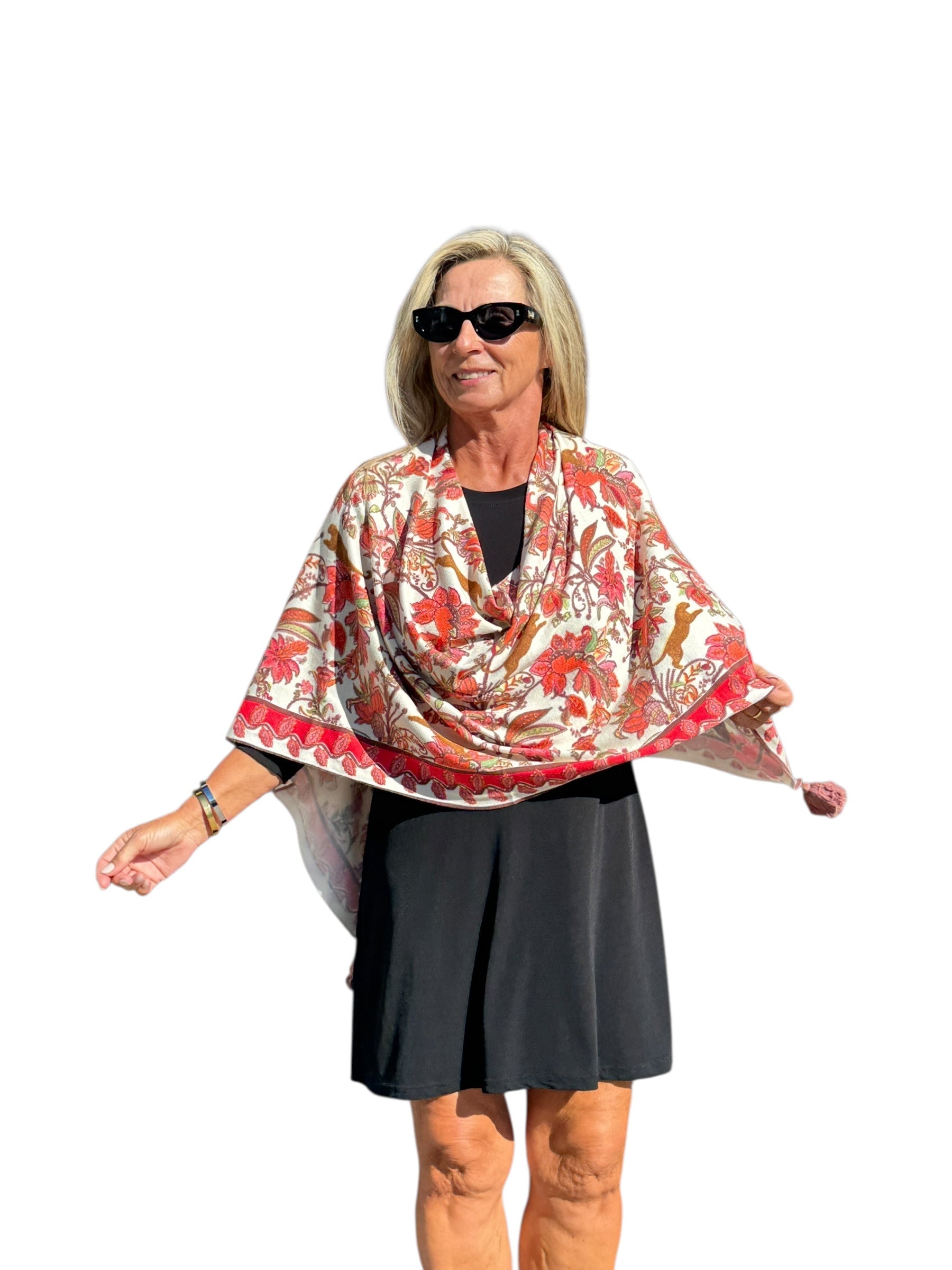 Soft Knit Poncho Jungle Jaguar Ivory/Coral - Back of the Bay Boutique