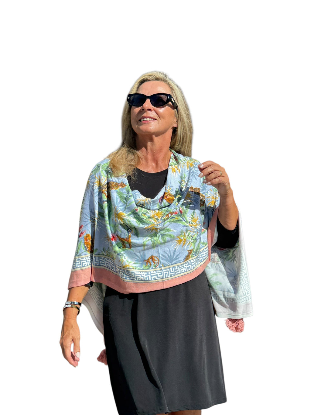 Soft Knit Poncho Wildlife Light Blue - Back of the Bay Boutique