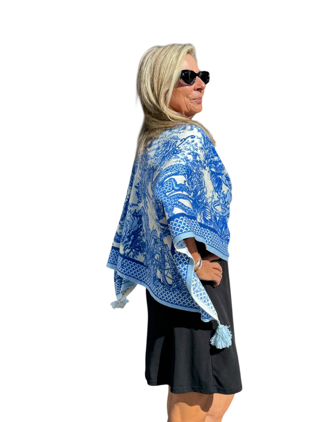 Soft Knit Poncho Dragon Blue/White - Back of the Bay Boutique