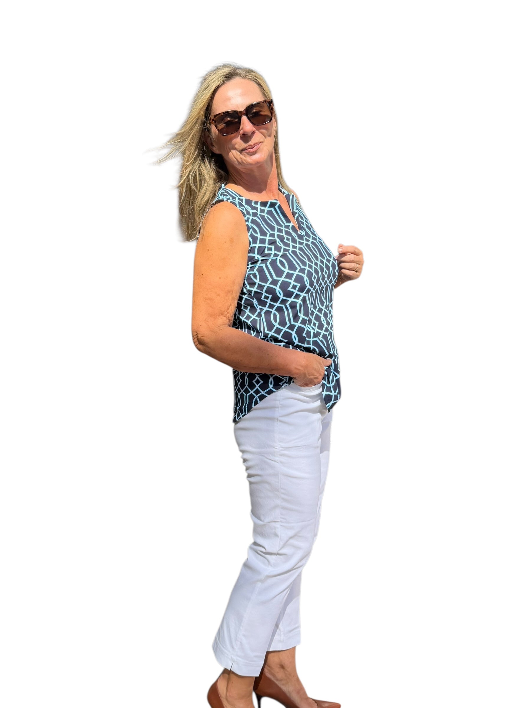 Keyhole Sleeveless Top with UPF50+ Geometric Lines Navy - Back of the Bay Boutique