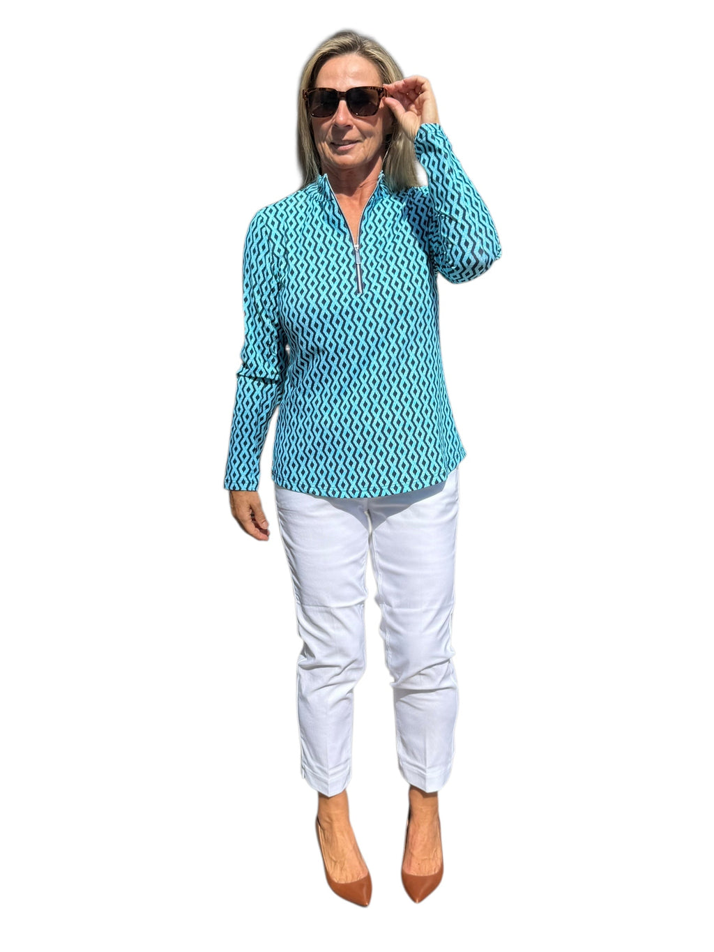 High Zip - Neck Long Sleeve Top with UPF50+ Nautical Ropes Turquoise - Back of the Bay Boutique